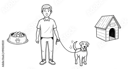 A happy man stands holding a leash attached to his friendly dog, with a full food bowl and a dog house depicted beside them in a clean illustration.