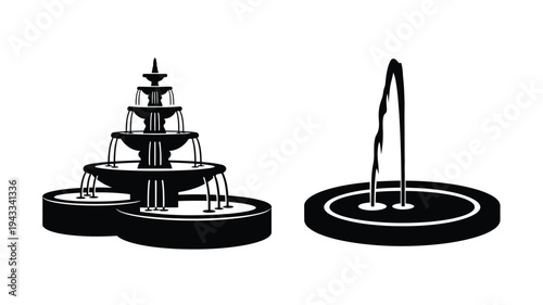 Two tiered fountains with water features presented as a silhouette