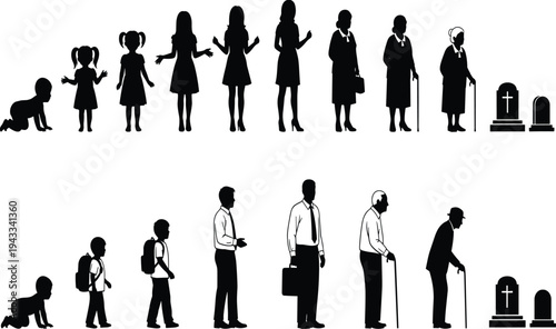 Human life cycle silhouettes, male female stages, childhood adolescence adulthood, aging progression, mortality concept, family journey, time passage, universal aging