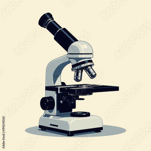Detailed illustration of a classic optical microscope with focus on lenses and adjustment knobs, ideal for exploring microscopic examination and scientific research