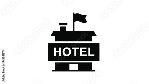 Simple black hotel building with a flag front view silhouette