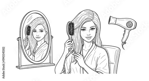 A beautiful woman is attentively brushing her long hair in front of an oval mirror, with a hairdryer resting nearby, showcasing a daily beauty routine.