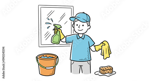 A cheerful man wearing gloves and a cap is efficiently cleaning a window with a spray bottle and a cloth, with a bucket and sponge nearby.