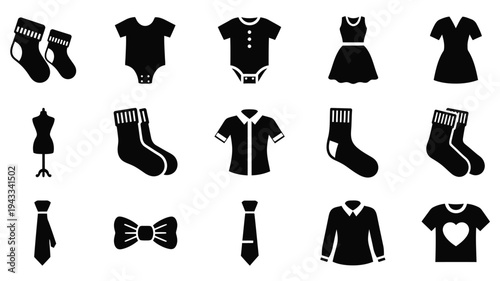 Various baby and adult clothing items displayed in black silhouette