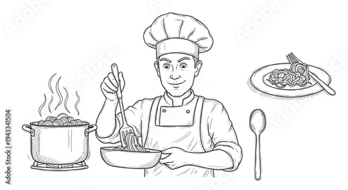 A confident male chef in a traditional toque and apron is expertly stirring food in a frying pan near a steaming pot, with a plated dish and a spoon nearby, indicating a delicious meal in preparation.