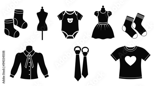 Baby and toddler clothing items displayed in a dark silhouette