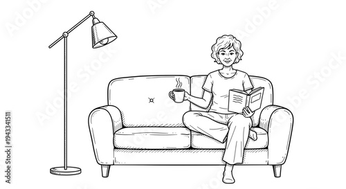 A woman is comfortably seated on a sofa, engrossed in reading a book, with a warm cup of coffee in hand, illuminated by a stylish floor lamp, showcasing a cozy moment of indoor relaxation.