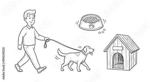 A happy man is leisurely walking his smiling dog on a leash, with a cozy dog house and a full food bowl floating nearby, depicting a caring pet owner enjoying time with his companion.
