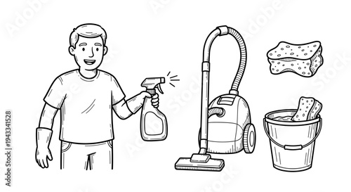 A smiling man wearing gloves holds a spray bottle, ready to clean, alongside a vacuum cleaner, a bucket, and a sponge.