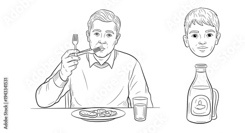 A man eats a meal from a plate with a fork, accompanied by a glass of water, a child's head, and a beverage bottle.