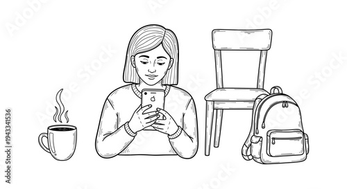 A young woman intently looks at her smartphone, with a steaming cup of coffee, an empty chair, and a backpack nearby.