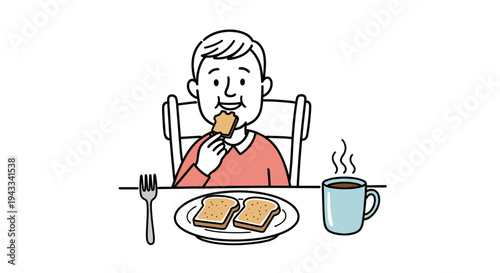 A cheerful young boy sits at a table, happily eating a piece of toast, with two more slices and a steaming coffee mug nearby.