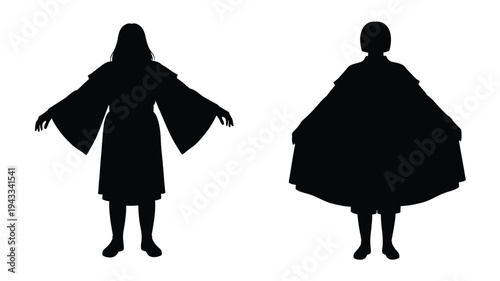 Two figures in flowing robes presented as a stark silhouette