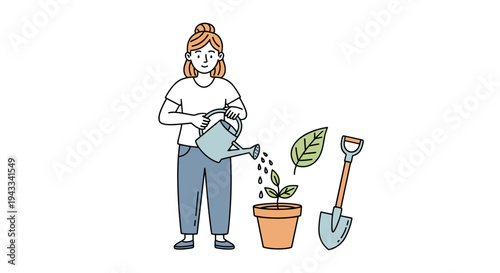 A woman stands, carefully watering a small potted plant with a watering can, accompanied by a shovel and a leaf.
