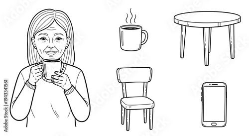 An older woman smiles gently while holding a steaming mug of coffee, with a table, chair, and smartphone placed nearby.