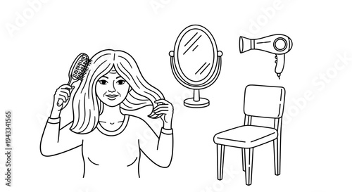 A woman brushes her long hair, with a mirror, a hairdryer, and an empty chair suggesting a daily grooming or styling routine.