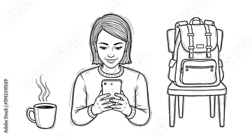 A young woman focused on her smartphone screen, with a steaming coffee cup and a structured backpack resting on a chair.