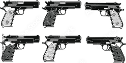 Vintage semi automatic pistol collection, detailed handgun line art illustration, classic firearm vector engraving style weapon set isolated retro design