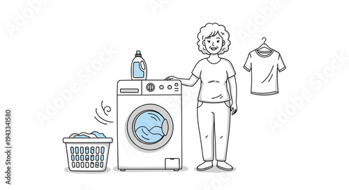 A smiling woman stands beside a washing machine with a laundry basket full of clothes, and a fresh T-shirt hanging.