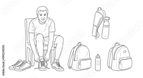 A focused man is sitting on a chair, attentively tying the laces of his sneakers, surrounded by various travel essentials like backpacks and water bottles.
