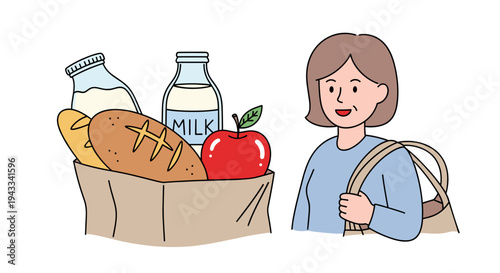 A smiling middle-aged woman is happily carrying a reusable grocery bag filled with fresh bread, milk, and a red apple after a successful shopping trip.