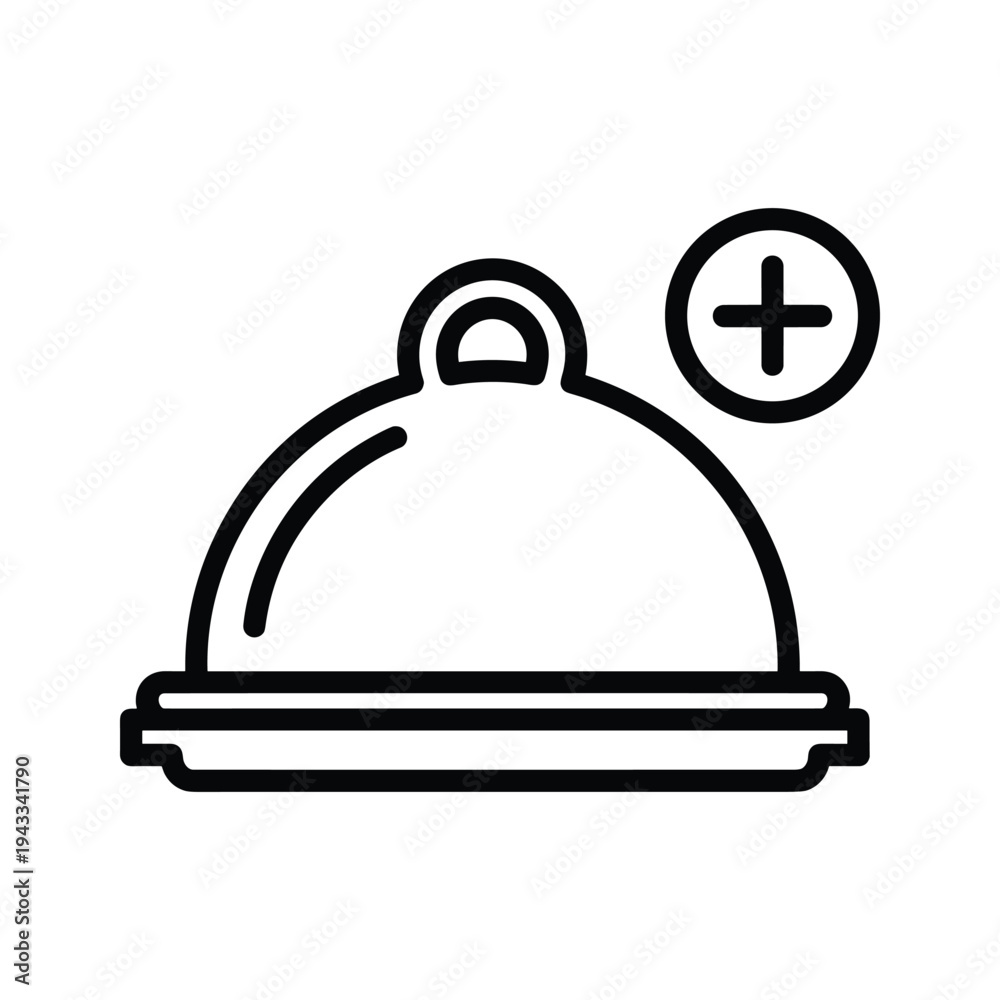 Obraz premium Food tray with plus icon, simple line art icon representing adding food or service.