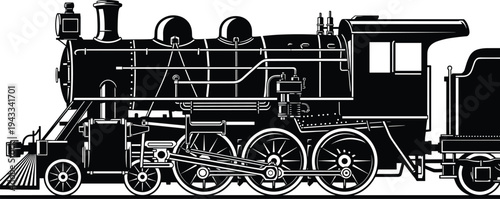 Vintage steam locomotive train silhouette illustration, classic railway engine vector with wheels and carriage, retro transportation industrial design