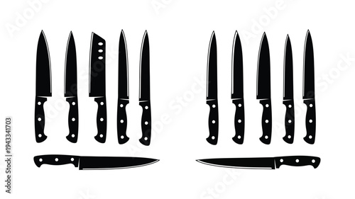Assortment of kitchen knives displayed in a striking black silhouette