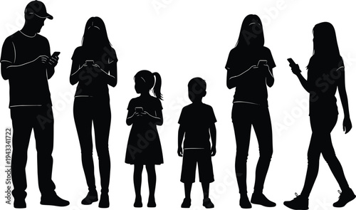 Silhouettes of people using smartphones, digital lifestyle, mobile addiction concept, technology dependence, modern society illustration, family with phones, silhouette art
