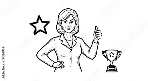 A confident woman in business attire stands proudly, giving a clear thumbs-up gesture, surrounded by a prominent star and a classic trophy, symbolizing success, achievement, and leadership.