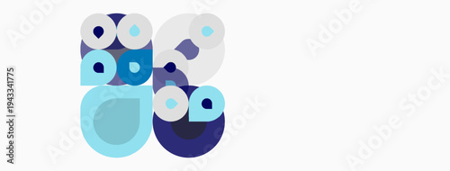 Abstract circles overlap, creating layered visual effect. Blues, light blues, whites dominate composition. Minimalist design, clean aesthetic.