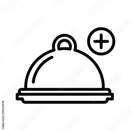 Food tray with plus icon, simple line art icon representing adding food or service.