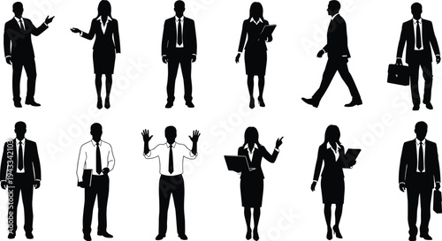 Black silhouette collection of business men and women wearing suits, professional executives standing, walking, and presenting isolated on white background