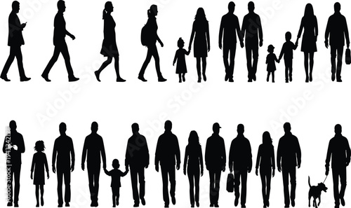 Walking silhouettes, diverse people, adults children, family groups, person with dog, casual attire, everyday life, community diversity, social interaction illustration artwork