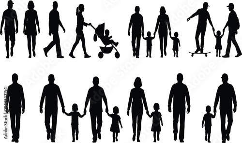 Walking silhouettes, family groups, adults children, elderly with cane, baby stroller, diverse attire, everyday life, community unity, social diversity illustration artwork