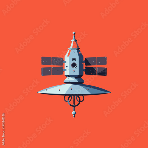 Futuristic Spacecraft Illustration Featuring Solar Panels Against Vibrant Orange Backdrop Showcasing Advanced Technology in Modern Space Exploration