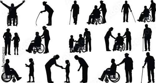Black silhouette collection of elderly people in wheelchairs, patients with caregivers, disabled individuals using canes, and medical assistance scenes isolated