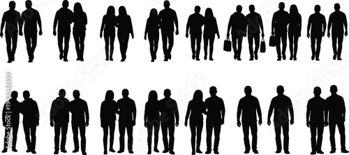 Black silhouette collection of diverse couples walking together, pairs standing, men and women holding hands, and partners isolated on white