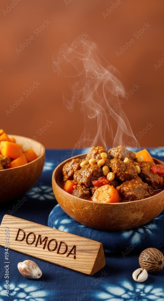 Fototapeta premium Gourmet West African Domoda: Peanut Beef Stew with Terracotta Negative Space and Heritage Indigo Accents