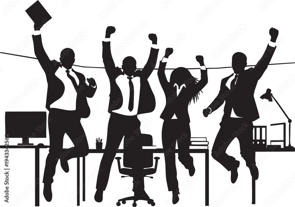 Fototapeta premium Dynamic team of office professionals celebrating a major victory and achieving business success together