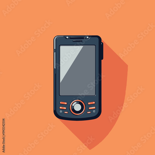 Retro Mobile Phone with Touchscreen and Circular Navigation Set Against a Bright Orange Background Displaying Shadows