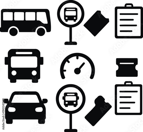 Public transportation and travel icons including bus car tickets and destination signs for journeys