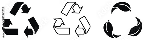 Recycle symbols and icons with leaves, illustrating environmental care, sustainability, and circular economy principles for eco-friendly practices.