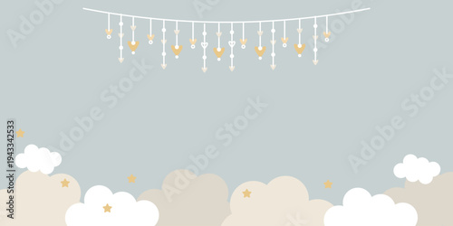 A cute horizontal banner template with sky, clouds, and stars. Perfect for children's parties and greetings.