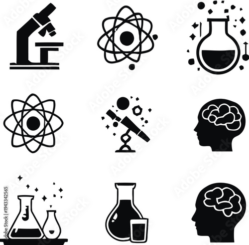 Science laboratory and research icons with microscope, atomic model, telescope, flasks, and brain silhouette, symbolizing discovery and innovation