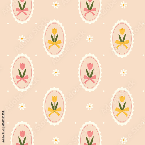 Delicate spring pattern with tulips in a vintage frame and bow