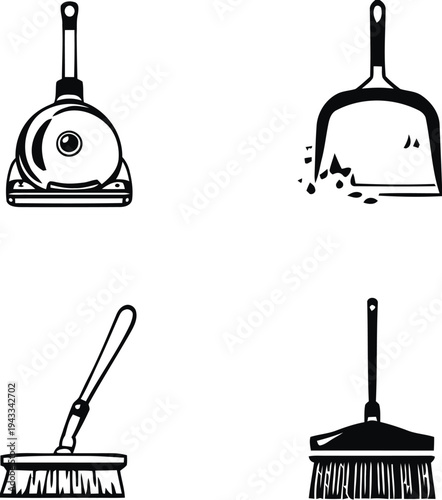 Set of cleaning tools and supplies icons for home and professional maintenance, including brooms, dustpans, mops, and vacuum cleaners for effective hygiene and sanitation tasks.