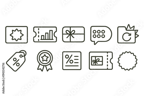 Set of discount and shopping icons including coupons gift cards sales tags loyalty rewards and shopping cart for retail and commerce promotions