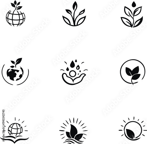 Set of ecological icons featuring a sprouting seedling on earth, green leaves, and hands holding water drops symbolizing conservation and nature protection.
