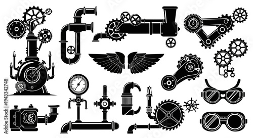 Steampunk Mechanical Silhouette Icon Set Vintage Gear Machine Vector Isolated on White